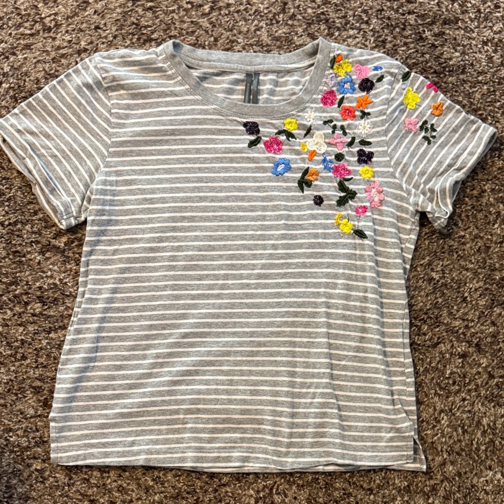 By Anthropologie Striped Gray Kids Shirt with Floral Embroidery S